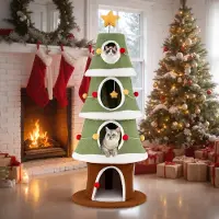 Costway Tiragraffi natalizio, 154 cm, albero per gatti con 4 grotte per gatti, tiragraffi, base grande, stella e palline, albero di Natale per gatti, verde