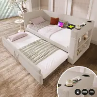 Flieks Letto imbottito 90x190cm con funzione di carico e portabicchieri, divano letto da giorno con letto estraibile e contenitore, letto da giorno per giovani in cotone, beige