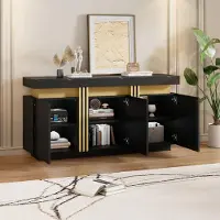 Merax Credenza nera con effetto marmo, 140x38x70cm, 3 ante, mobile da sala da pranzo con ripiani regolabili, mobile da soggiorno, accenti platino