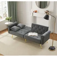 Merax Divano letto a 2 posti con funzione sleep e schienale regolabile, rivestimento in velluto e piedini in metallo dorato - Cuscini e vano portaoggetti inclusi, grigio