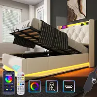 STILVORA Letto imbottito 90×200 cm con contenitore e funzione LED a 360° (pulsante/app/telecomando), letto per ragazzi con testiera imbottita e funzione di ricarica USB Type-C, beige (con materasso)