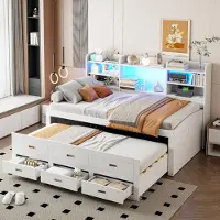OKWISH Letto con letto estraibile 90×200 Letto per bambini con illuminazione a LED e 3 cassetti, letto da giorno con comodino, USB+Type-C, bianco (senza materasso)