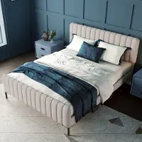 Merax Letto imbottito 160x200cm con testata regolabile in altezza e rete a doghe, letto imbottito per ragazzi letto singolo per bambini con rivestimento in lino in beige