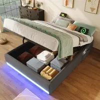 OKWISH Letto imbottito 90x200 con striscia LED e piccole tasche portaoggetti, letto singolo con USB e Type-C, letto per ragazzi senza testata e materasso, beige