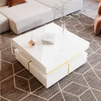 MODFU Tavolino da salotto lucido per soggiorno, camera da letto, tavolino quadrato con cassetti e dettagli dorati, bianco