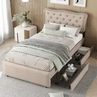 Sweiko letto piano 90 x 200 cm, letto imbottito, comodino imbottito con rivetti decorativi, doppio cassetto, beige scuro
