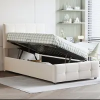 Flieks Letto imbottito idraulico 90x200cm con contenitore, letti a molle insacchettate letto contenitore con rete a doghe, letto per ragazzi letto singolo letto per bambini, velluto, beige