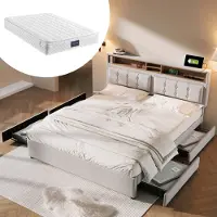 MODFU Letto imbottito , matrimoniale 140x200 cm, con 4 cassetti, dotato di porta USB e presa Type-C, contenitore sotto il letto, struttura del letto (senza materasso), color beige