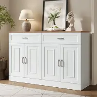 Merax Credenza a 4 ante e 2 cassetti 120 cm, cassettiera con ripiani regolabili in bianco e venature del legno, chiusura ammortizzata, protezione antiribaltamento