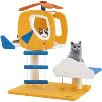 Costway Tiragraffi 76cm, albero per gatti a tema elicottero, albero da arrampicata per gatti con piattaforma a nuvola, giocattoli, tiragraffi in sisal e scaletta giallo