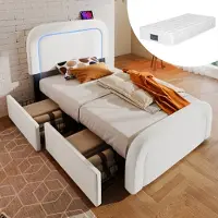 MODFU Letto imbottito Functional 90 x 200 cm con porta di ricarica USB e illuminazione a LED, letto singolo con 4 cassetti e testiera regolabile in altezza, bianco (con materasso)