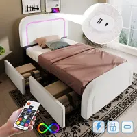 MODFU Letto imbottito, funzionale, 90 x 200 cm, con porta USB e illuminazione LED. Letto singolo con cassetti e testiera regolabile in altezza, bianco (senza materasso)