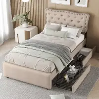 STILVORA Letto imbottito 90 x 200 per ragazzi Letto con contenitore a 2 cassetti, testiera decorativa ondulata con rivetti, beige scuro (senza materasso)