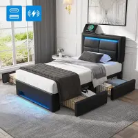 Flieks Letto imbottito 90x200cm con USB, letto contenitore letto singolo con rete a doghe e 4 cassetti, letto per ragazzi con LED, letto in legno letto funzionale, PU, nero