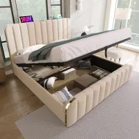 MODFU Letto boxspring idraulico 140 x 200 cm con testiera dotata di funzione di ricarica USB Type-C, letto imbottito matrimoniale con contenitore, tessuto di lino beige (senza materasso)