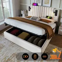 Flieks Letto imbottito 160x200cm con lampada da lettura, letto matrimoniale contenitore letto a molle con funzione di ricarica (USB, Tipo-C), letto per ragazzi con rete a doghe, cotone