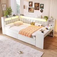 OKWISH divano letto 140x200 daybed youth con 2 cassetti e LED, daybed matrimoniale con connessione USB e design scrivania, bianco (con materasso)