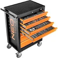 Neo Tools Carrello da officina Riempito di utensili 176 pezzi | 7 scomparti - Cassetti con cuscinetti a sfera - Chiusura centrale - Tappetino antiscivolo
