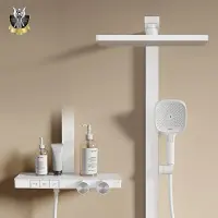 Emke Sistema doccia con termostato Colonna doccia dal design pluripremiato, bianco 360×240 mm, doccia a pioggia angolare, regolatore del flusso d'acqua, bocca da bagno F29
