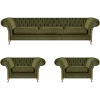 AEA Wohnzimmer Sofagarnitur 3tlg Grün Stoff Dreisitze Sofa 2x Sessel Chesterfield