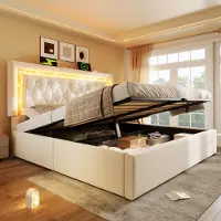 Flieks Letto imbottito 180x200cm con USB e Type C, letto idraulico con contenitore, letto matrimoniale per giovani con LED, letto contenitore in velluto, beige