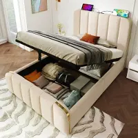 MODFU Letto boxspring idraulico 90 x 200 cm con testiera e funzione di ricarica USB Type-C, Letto imbottito Letto singolo con contenitore e cassetti, Beige lino (senza materasso)
