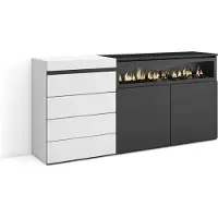 Skraut Home COZY Cassettiera, 157x35x75cm, Camera da letto, Camino elettrico, Bianco e Nero