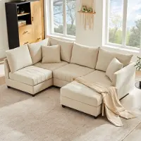 Merax Divano angolare 5 posti, divano letto con pouf trasformabile 1 pezzo, divano componibile a L/divano imbottito in cotone lino, beige