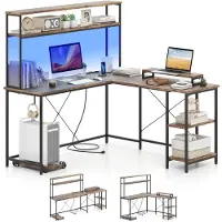 Costway Scrivania angolare a L 145x145cm scrivania reversibile per computer Scrivania per ufficio con LED, prese, ripiani, ganci per cuffie e supporto per monitor Marrone