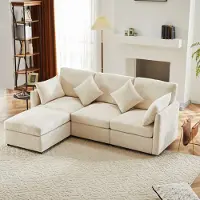 OKWISH Divano ad angolo, divano a 4 posti, divano in tessuto ciniglia con sgabello, divano a L, adatto per appartamenti, beige