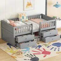 MODFU Letto per bambini Letto in legno 90x200 cm con 4 cassetti, sponde di protezione, scaletta, letto regolabile con protezione anticaduta, grigio (senza materasso)