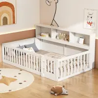 Aiorber Letto da giorno , 90x200 cm, con balaustra, letto per bambini, stabile e resistente, in legno di pino, con rete a doghe e vano portaoggetti, per camerette, bianco