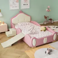 OKWISH Letto per bambini Cartoon, 90x200cm, letto imbottito, letto per bambini, letto junior con striscia LED, letto singolo con piccolo scivolo e gradini, senza materasso, rosa