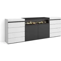 Skraut Home COZY Cassettiera, 214x35x75cm, Camera da letto, Camino elettrico, Bianco e Nero