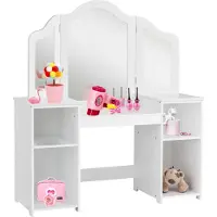 Costway 2 in 1 scrivania-guardaroba per bambini con specchio rimovibile, tavolo da toilette per ragazze con scomparti aperti, tavolo da toilette in legno, cassettiera per il trucco bianca