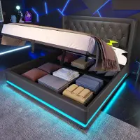Flieks Letto imbottito 180x200cm con USB e Type-C, letto matrimoniale per ragazzi con LED, letto contenitore idraulico con rete a doghe, PU, nero