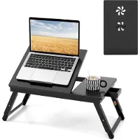 Costway tavolo per laptop in bambù pieghevole, tavolo per notebook regolabile in altezza, inclinabile e ventilato, lapdesk con cassetto per la lettura della colazione, 53x33x20-26,5cm
