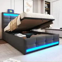 Flieks Letto imbottito 90x200cm con 2 USB, letto singolo a molle con contenitore e rete a doghe, letto per ragazzi con led, letto funzionale, lino, grigio