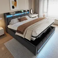 Flieks Letto imbottito 180x200cm con funzione di ricarica (USB e presa di corrente), letto a molle insacchettate con contenitore, letto giovanile matrimoniale con LED, grigio lino