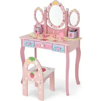 Costway Set da toilette per bambini , toilette da principessa con specchio pieghevole, sgabello per il trucco e 3 cassetti, toilette da trucco per bambine (rosa)