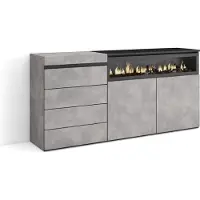 Skraut Home COZY Cassettiera, 157x35x75cm, Camera da letto, Camino elettrico, Cemento
