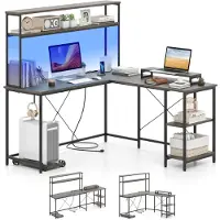 Costway Scrivania angolare a L 145x145cm scrivania reversibile per computer Scrivania per ufficio con LED, prese, ripiani, ganci per cuffie e supporto per monitor Grigio