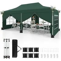Costway gazebo 3x6m, gazebo pieghevole con 6 pareti laterali rimovibili, sacchi di sabbia e borsa per il trasporto, gazebo da giardino per feste, tenda invernale con protezione UV 50+ verde