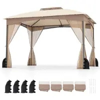 Costway Gazebo 3x3,6 m, gazebo da giardino con 4 sacchi di sabbia, 4 zanzariere, doppio tetto e borsa di trasporto, gazebo per feste impermeabile, stabile, resistente all'inverno Khaki