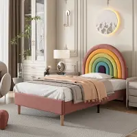 Merax Letto imbottito 90x200cm con rete a doghe e testata regolabile in altezza a forma di arcobaleno, letto singolo in velluto letto per bambini letto per ragazzi letto in legno, rosa