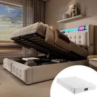 STILVORA Letto imbottito 140x200 cm: letto per ragazzi con sistema idraulico e contenitore, letto singolo con testiera a LED e funzione di ricarica USB-C, rete a doghe, beige (con materasso)