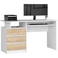 Akord Scrivania 135 cm Bianca/Sonoma con Spazio di Archiviazione e Tastiera Estraibile