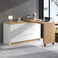 Flieks Scrivania pieghevole con rotelle, credenza cassettiera con tavolino mobile, tavolo da toilette angolare scrivania angolare girevole finitura naturale