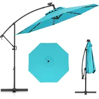 Costway ombrellone φ300cm, ombrellone a sbalzo con 32 LED solari e manovella, angolo di inclinazione regolabile, ombrellone da giardino ombrellone da patio turchese