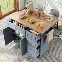 OKWISH Mobiletto da cucina come carrello di servizio rimovibile, isola da cucina con rotelle e motivo vintage, tavolo da pranzo multifunzionale con contenitore, blu